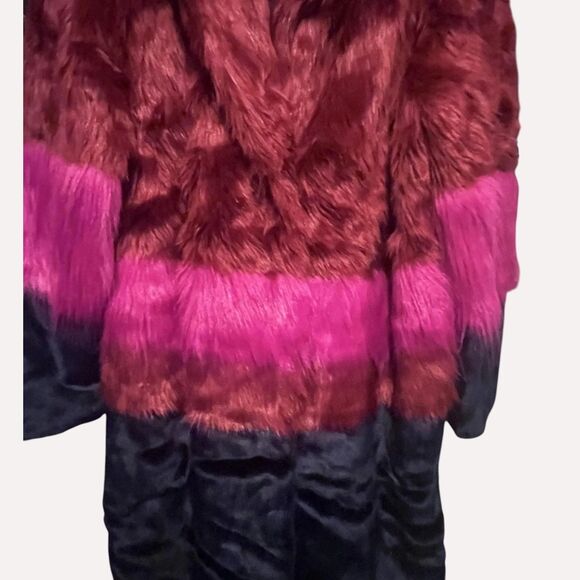 ASOS Faux Fur Coat Womens 14 Multicolor Maroon Pink Navy Long Plush Statement - Picture 3 of 10